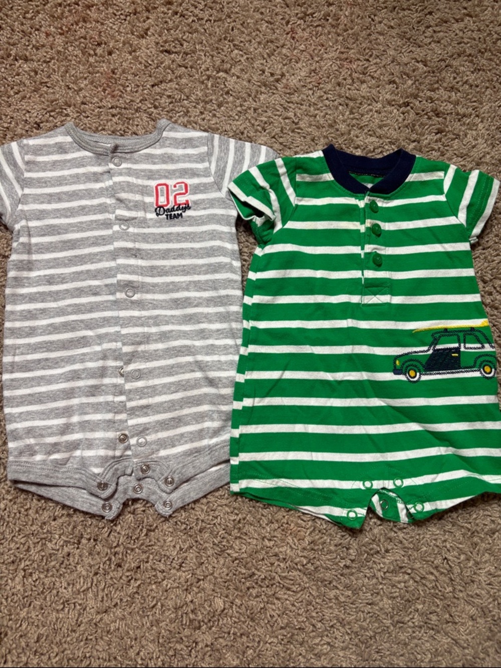 Carter's pair of Gray Striped & Green Striped Kids One-Pieces
